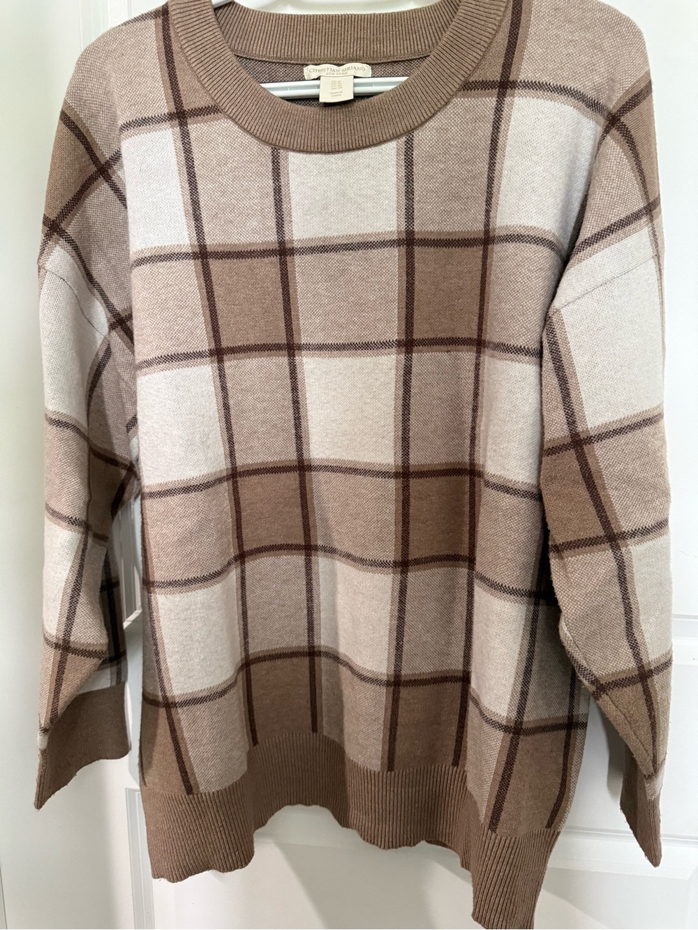 Neutral Plaid Crewneck Sweater - Taupe & Cream